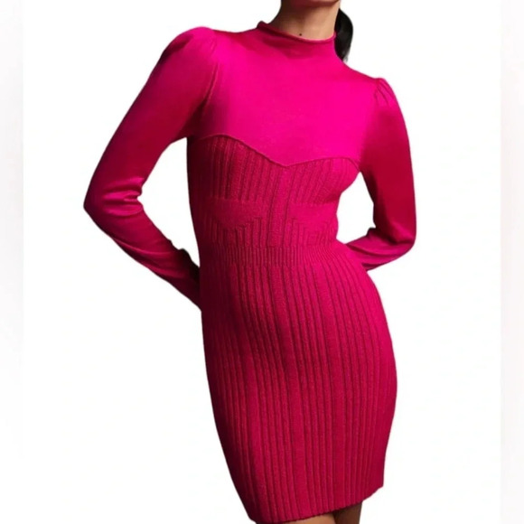 Anthropologie Barbie pink sweater dress Mock neck Mini Stretch Size M NWT - Picture 1 of 13